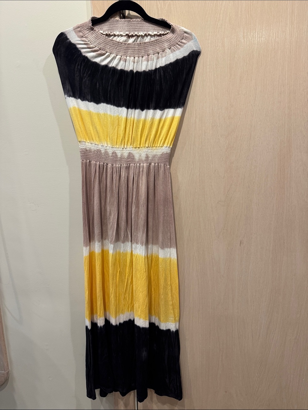 Red Haute Sleeveless Striped Maxi Dress in Yellow, Black & Taupe